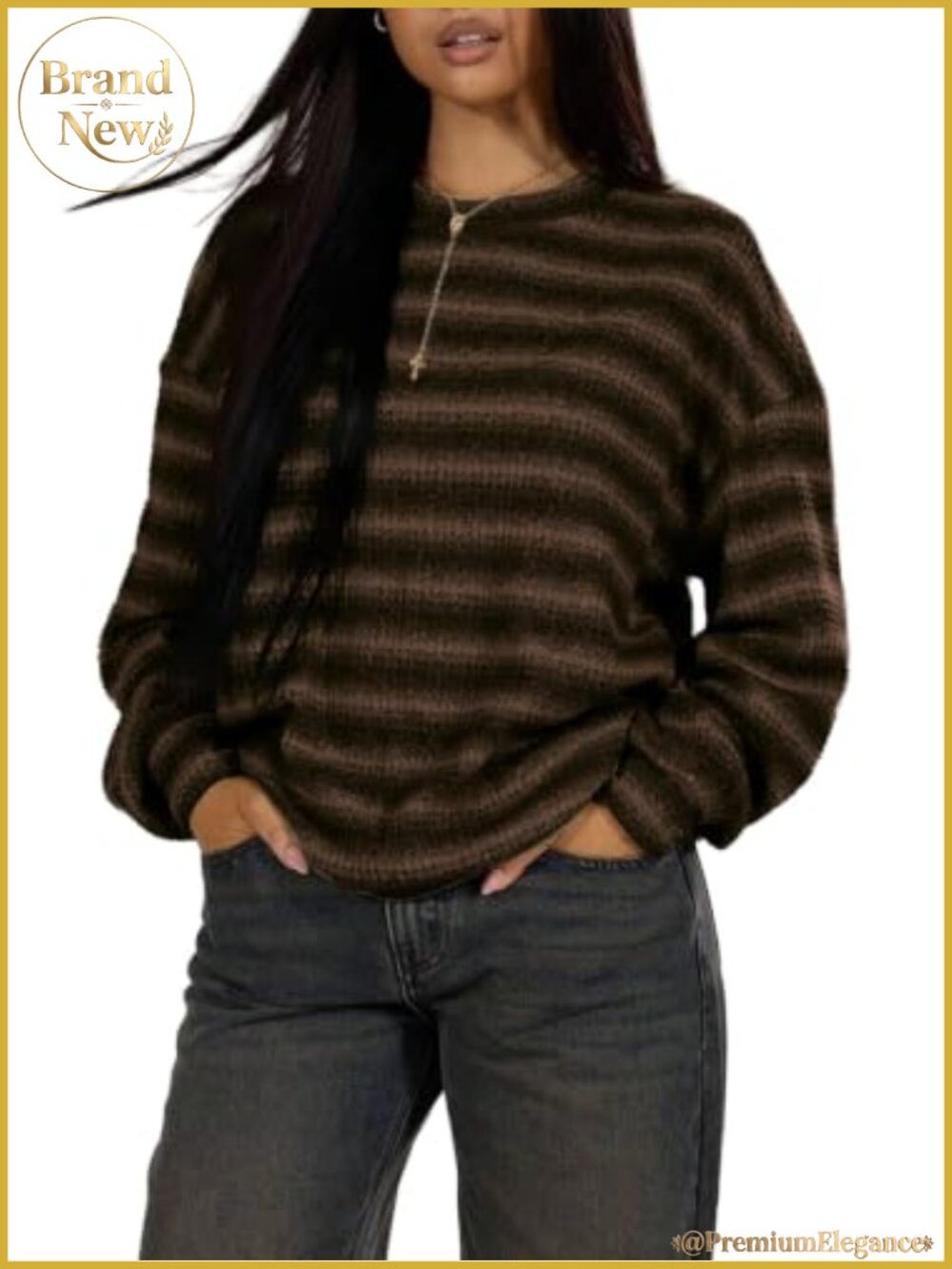 Waffle Knit Pullover Sweater Women's Loose Fit Long Sleeve Striped Tunic Top